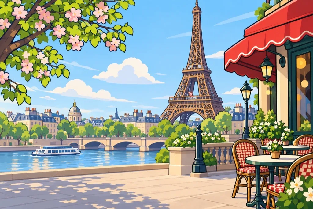 A painted postcard of Paris, France.