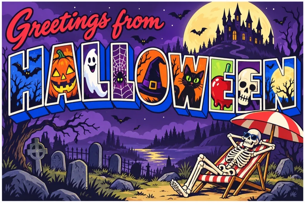 Greetings from Halloween Hollow, a postcard.