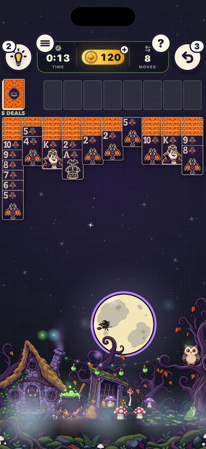 A game of Spider on the Witch's Cottage table in Halloween Hollow, under a full moon.